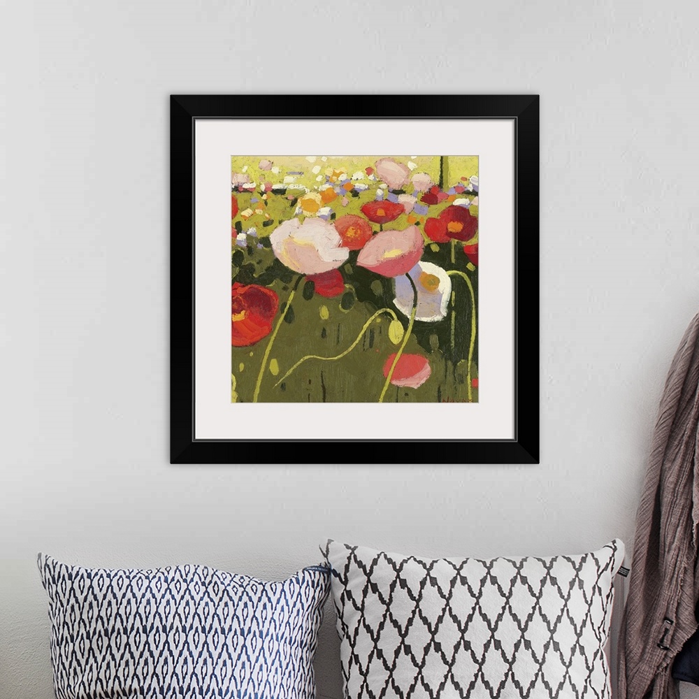 A bohemian room featuring Square painting on canvas of a field of brightly colored flowers.
