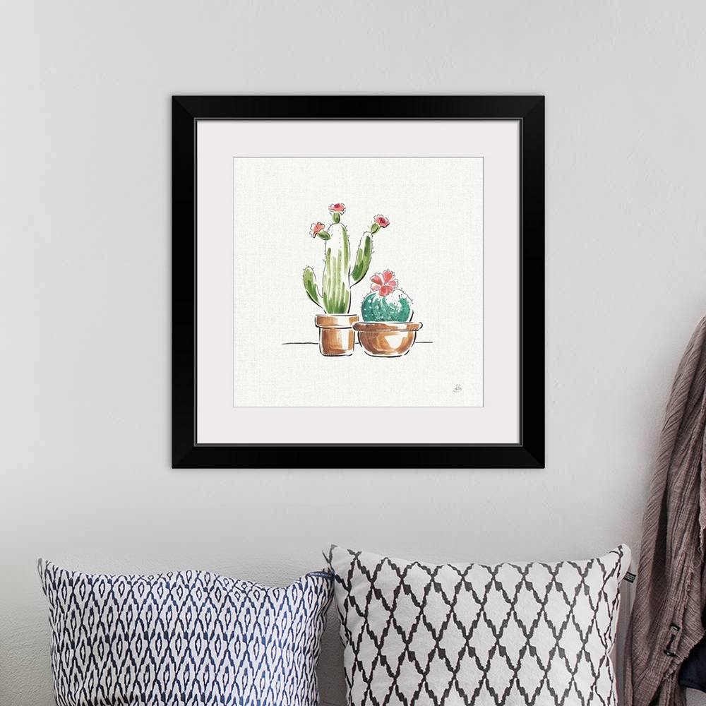 A bohemian room featuring Illustration of two potted cacti with pink flowers on a white and gray square background.