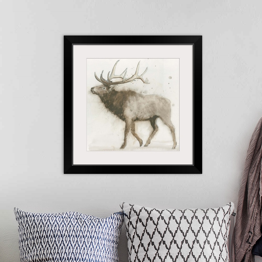 A bohemian room featuring Contemporary painting of an elk against an off white background.