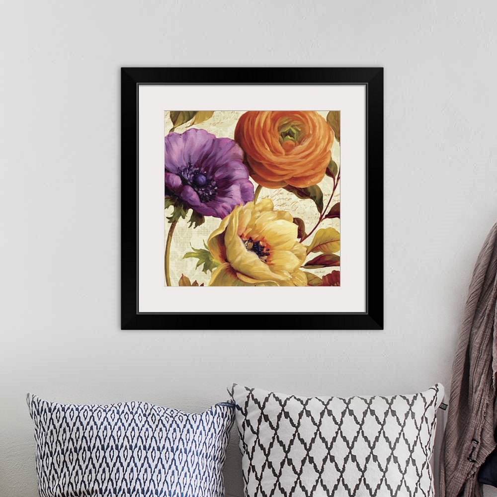 A bohemian room featuring Square home art docor on a large canvas of several vibrant flowers surrounded by leaves, on a lig...
