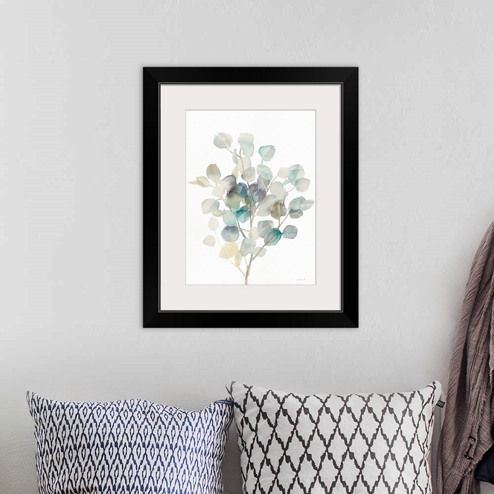 A bohemian room featuring Vertical watercolor painting of blue, green, gray, and yellow toned eucalyptus leaves on a white ...