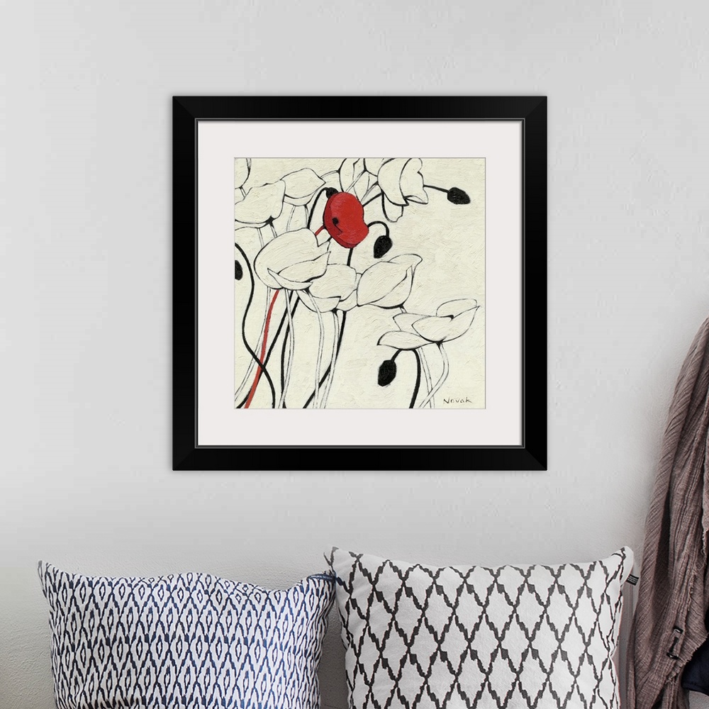A bohemian room featuring Contemporary painting of a group of poppies done in a minimalist style, implementing simple linew...