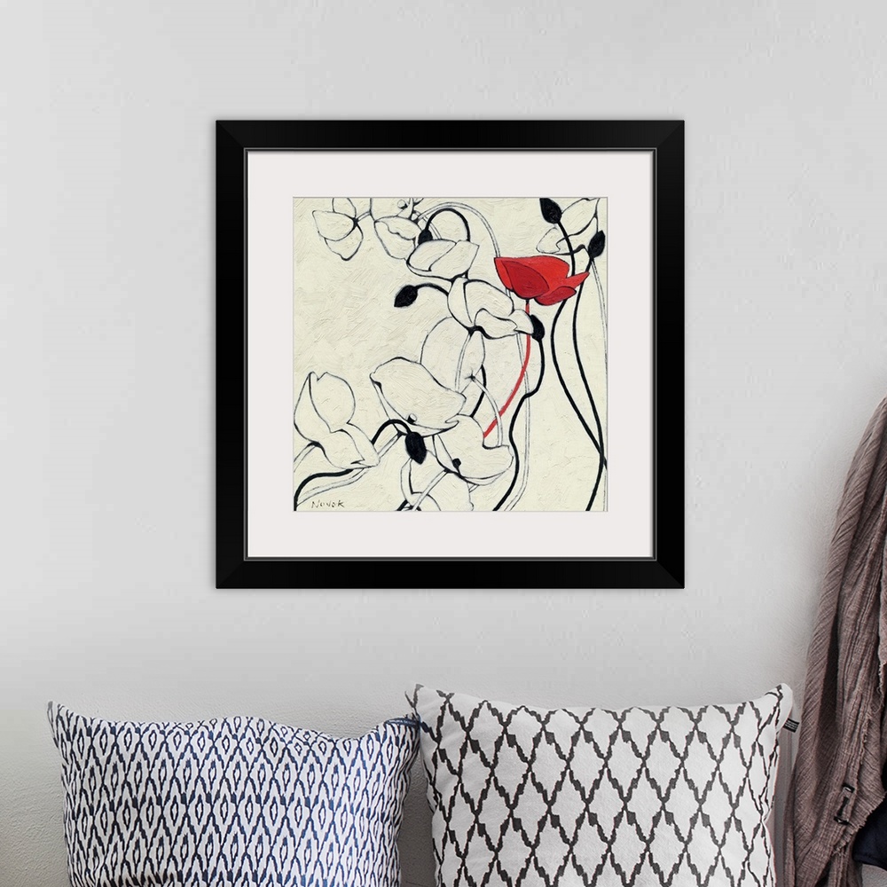 A bohemian room featuring Contemporary painting of a group of poppies done in a minimalist style, implementing simple line ...