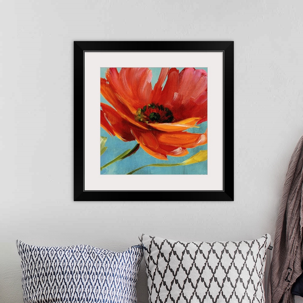 A bohemian room featuring Single poppy bloom dominates the entirety of this square shaped wall art of a contemporary painting.