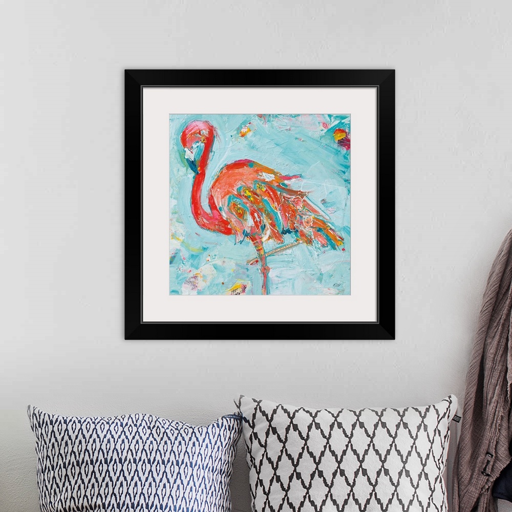 A bohemian room featuring Energetic brush strokes in bright colors create a poised flamingo adorned with floral elements an...