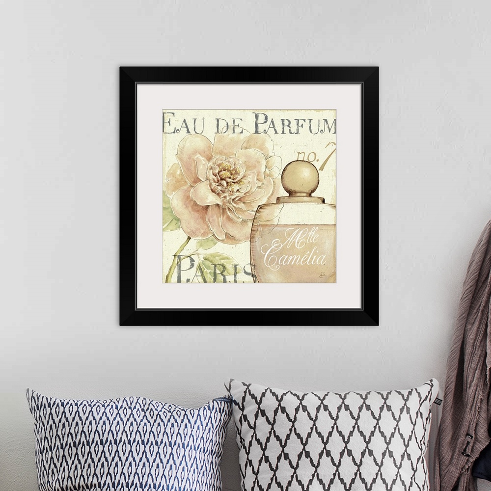 A bohemian room featuring Decorative drawing of a perfume bottle from Paris with a large pink peony flower blooming in the ...