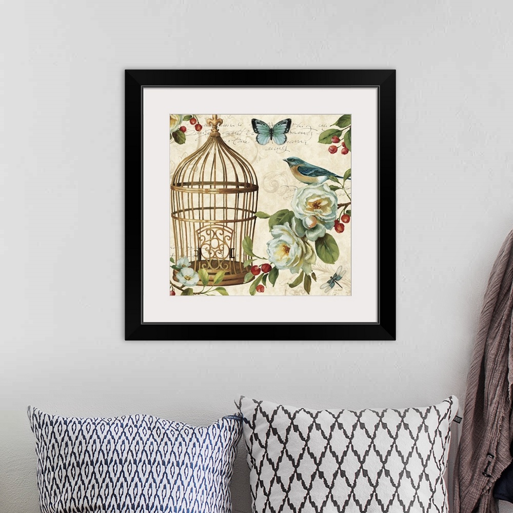 A bohemian room featuring Contemporary artwork of a hanging gold birdcage surrounded by flowers and garden wildlife, agains...