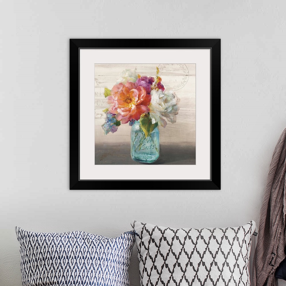 A bohemian room featuring Contemporary artwork of a bouquet of roses and peonies in a glass mason jar.