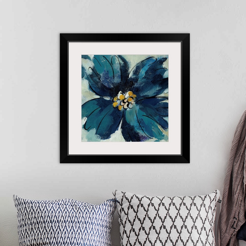 A bohemian room featuring Square painting of a single blue flower with a gold pistil.