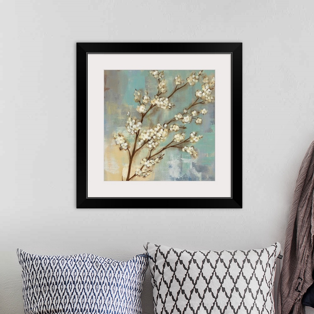 A bohemian room featuring Contemporary painting of a branch of Kyoto blossoms on a cool textured background.