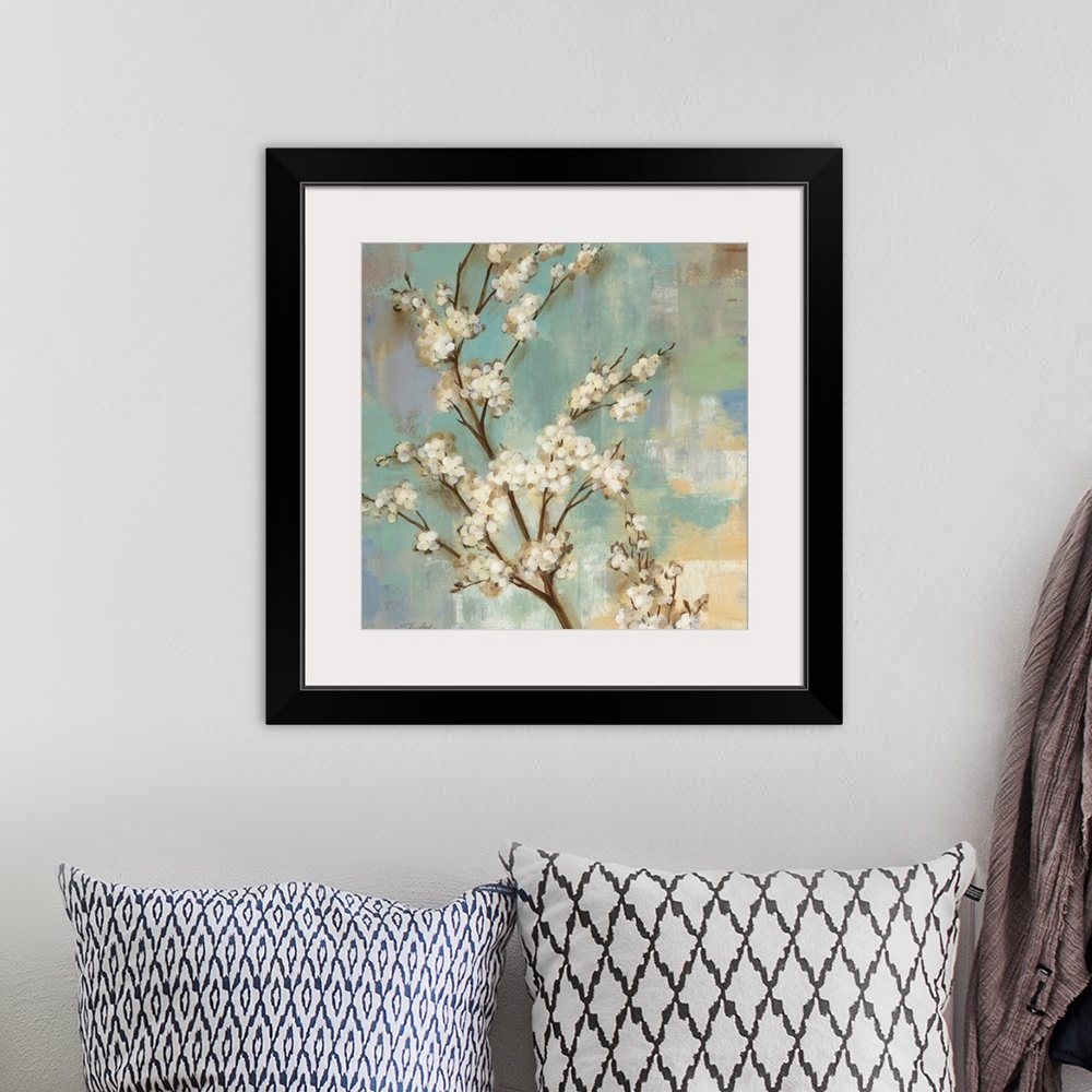 A bohemian room featuring Square painting on canvas of tree branches with blossoms on it against a pastel colored backgroun...