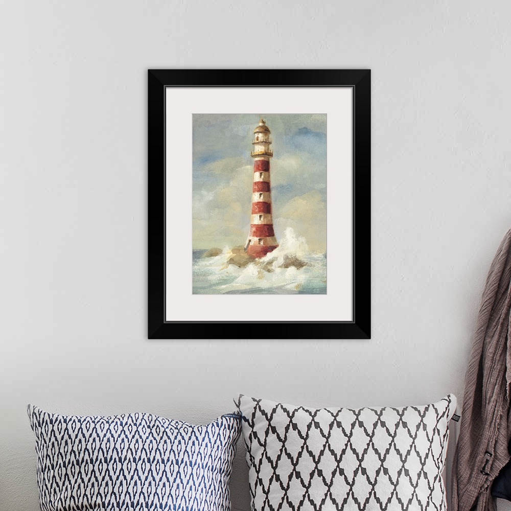A bohemian room featuring Contemporary painting of a red striped lighthouse with crashing waves at the base.