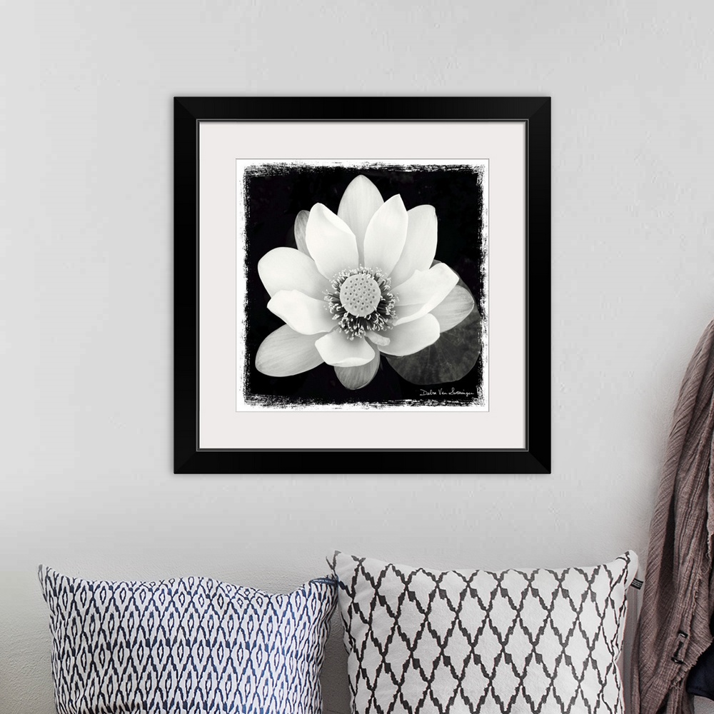 A bohemian room featuring A black and white photograph of a white flower, with and artistic border around it.