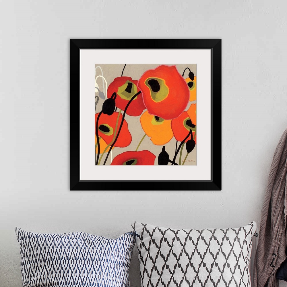 A bohemian room featuring This contemporary abstract painting showcases simplified poppies painted with flat colors over a ...