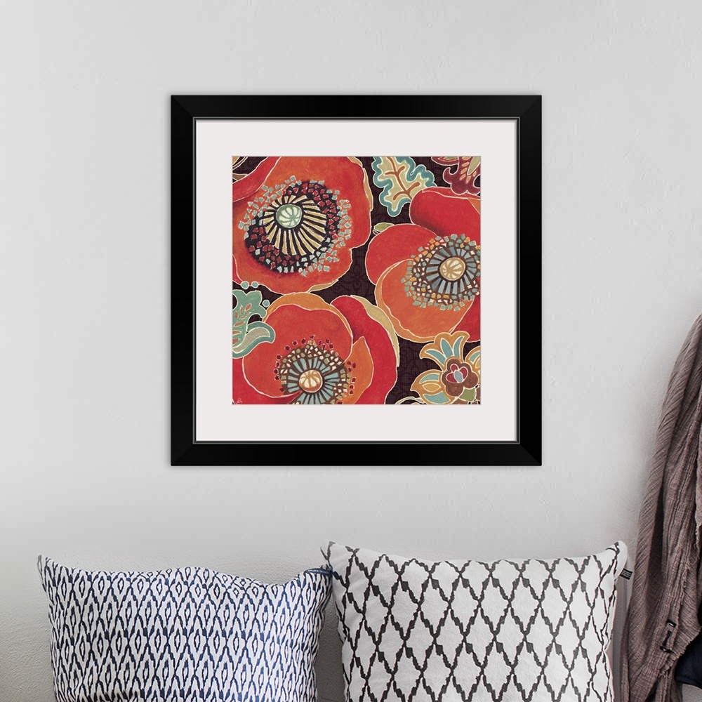 A bohemian room featuring Large, square contemporary art of several big Poppy flowers in warm tones, surrounded by smaller ...