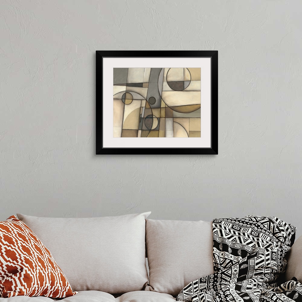 A bohemian room featuring Abstract cubism style painting in neutral colors with geometric shapes.