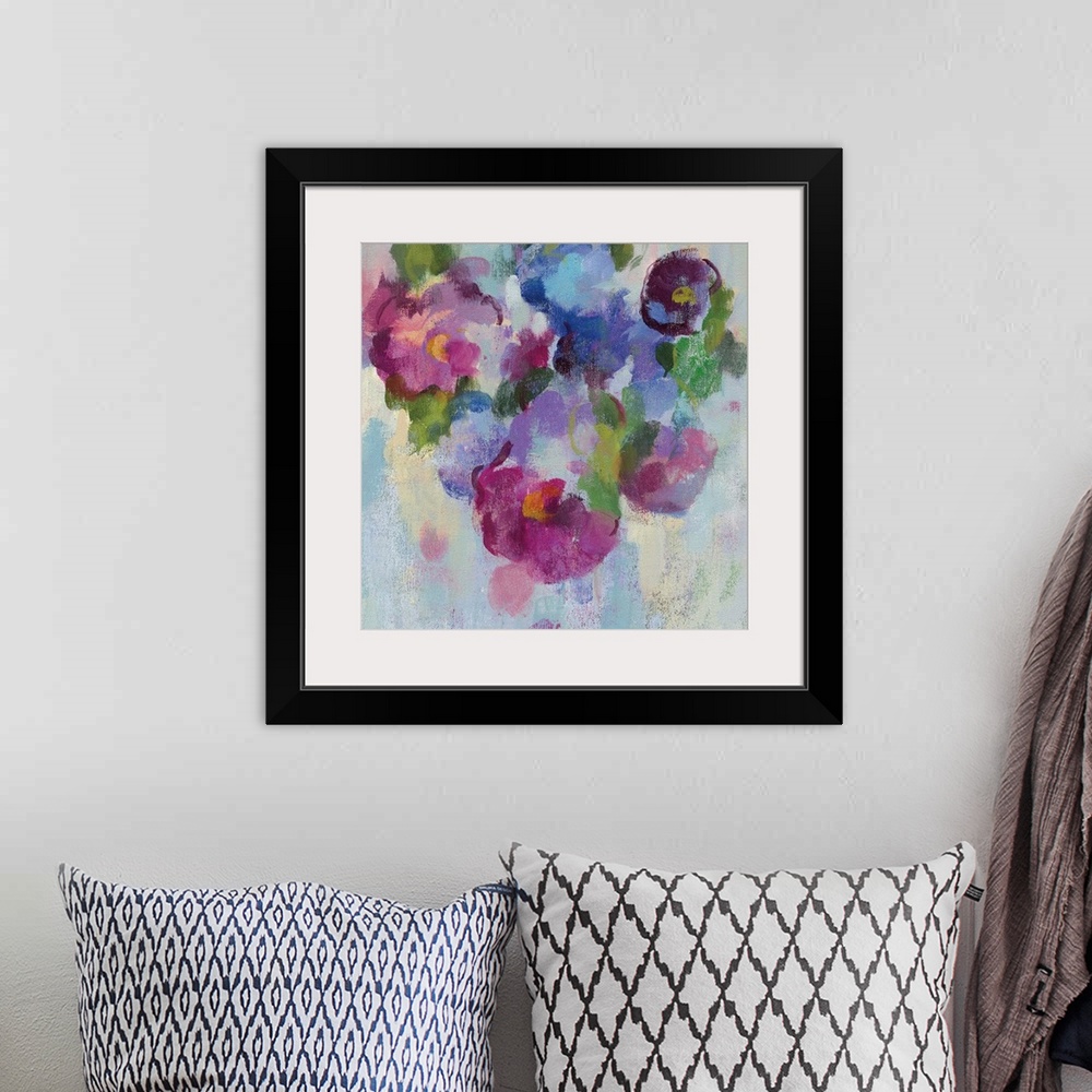 A bohemian room featuring Contemporary painting of blooming flowers in purple and pink.