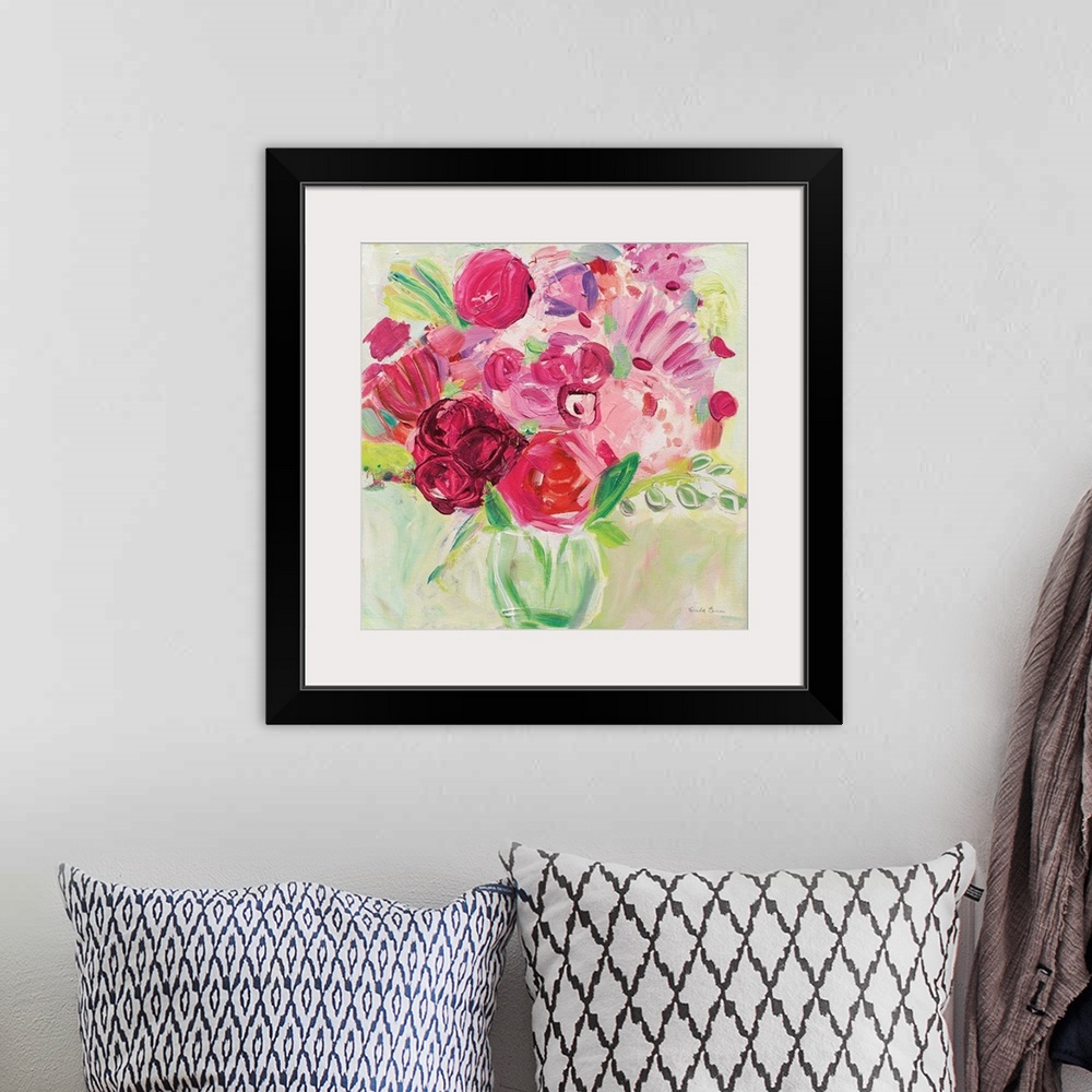 A bohemian room featuring Square painting of a bouquet of abstract flowers in a vase.