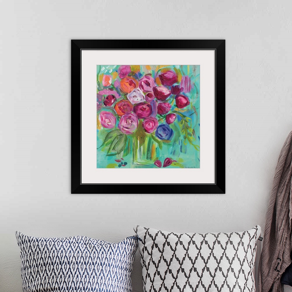 A bohemian room featuring Square painting of a bouquet of abstract flowers in a vase on a teal background.