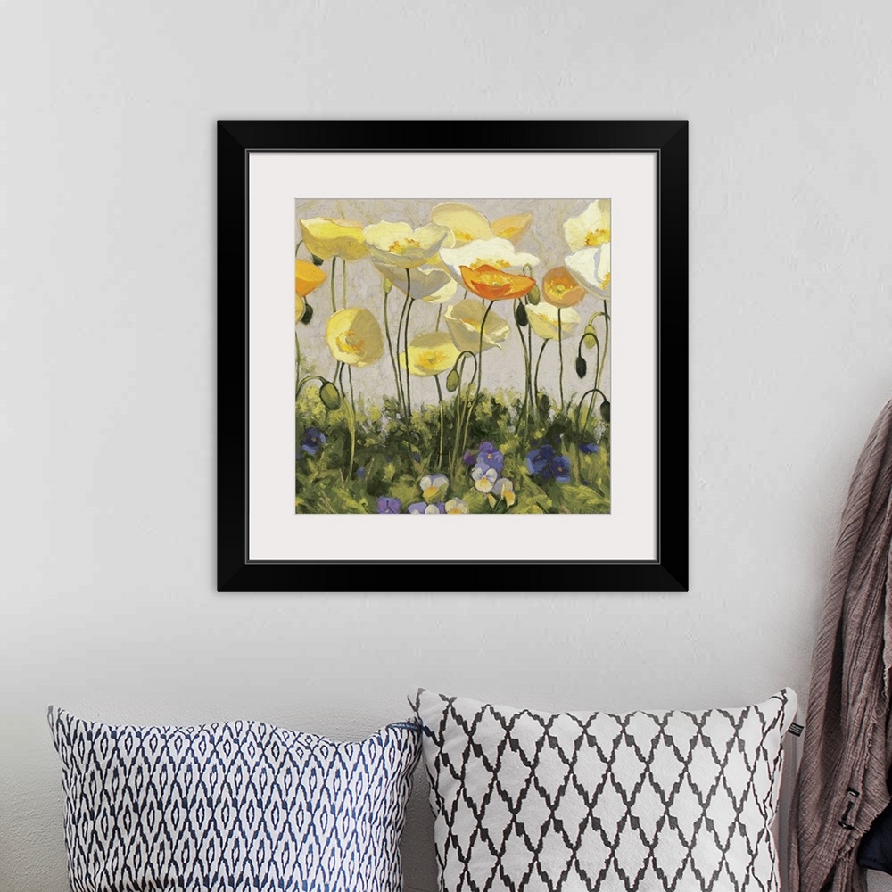 A bohemian room featuring Giant, square floral painting of golden poppies extending above green grasses filled with pansies...
