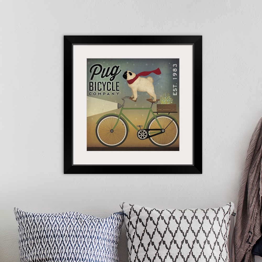 A bohemian room featuring Cute artwork of a pug wearing a scarf, riding a bicycle.