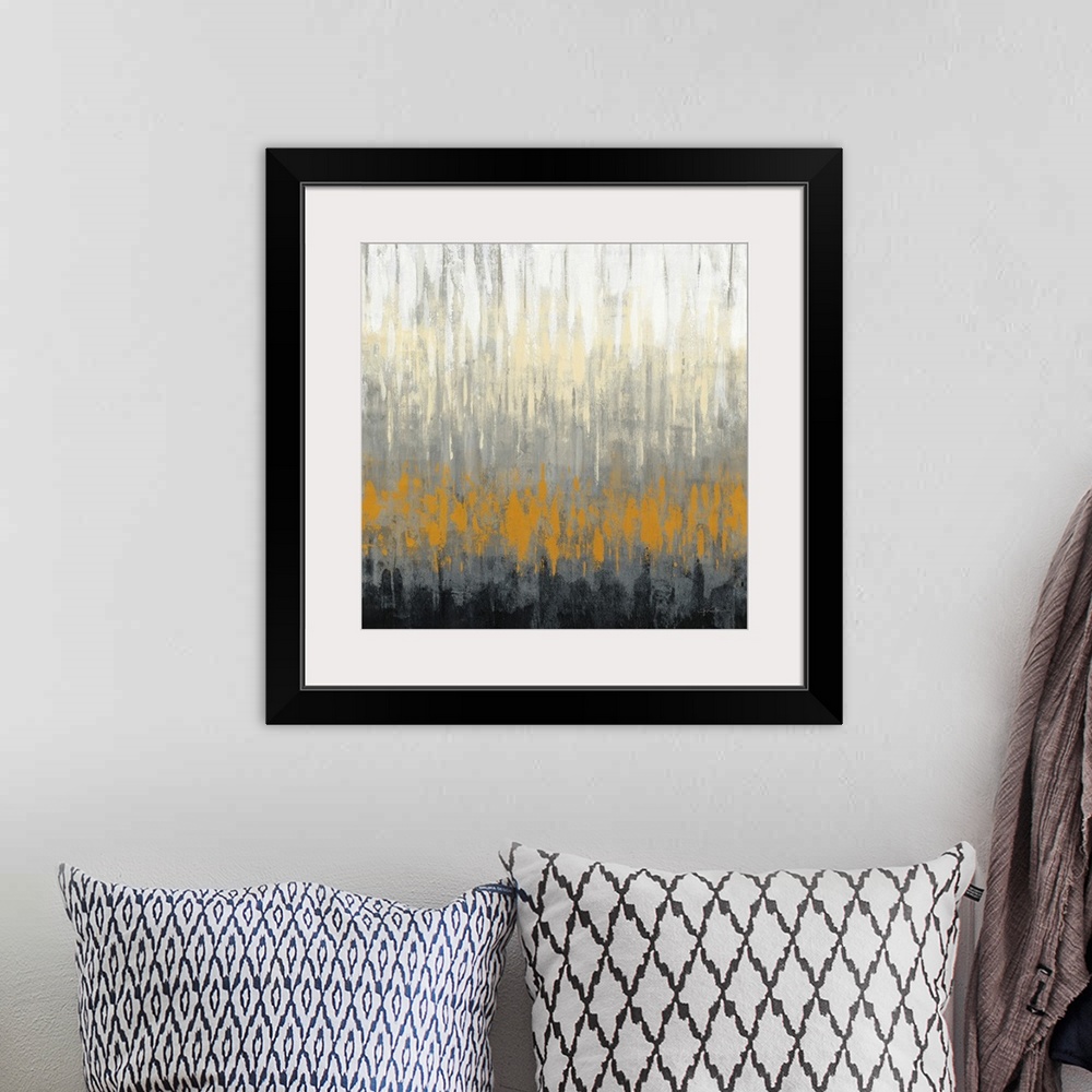 A bohemian room featuring A square abstract in jagged horizontal lines in cream, grey, orange and black.