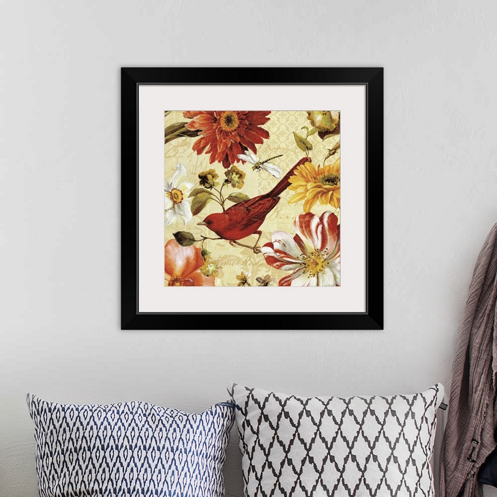 A bohemian room featuring Square, large docor wall art of a bird sitting on a branch, surrounded by floral blooms, a dragon...