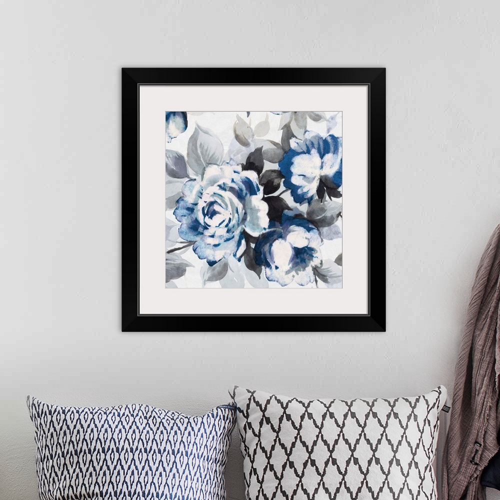 A bohemian room featuring Artwork of roses in shades of deep blue and grey.