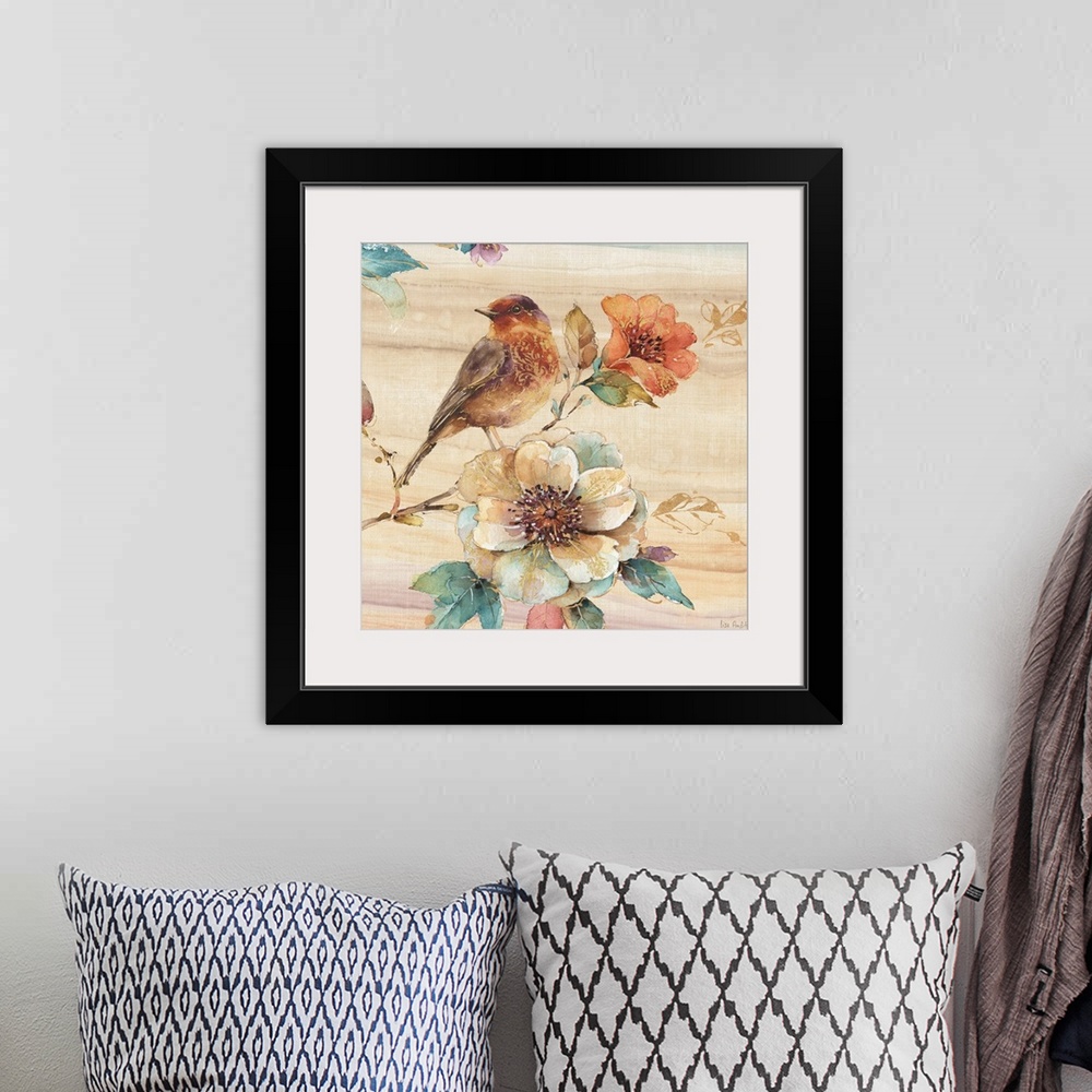 A bohemian room featuring Contemporary square painting of a bird standing on a flower in warm tones of brown, red and green.
