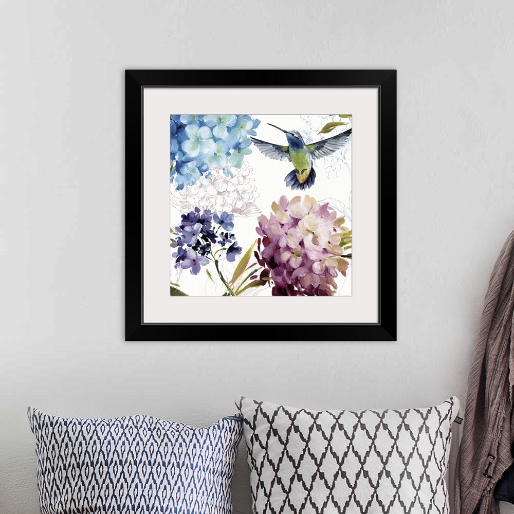 A bohemian room featuring Square painting on a large wall hanging of several colorful, small bunches of flowers, a hummingb...