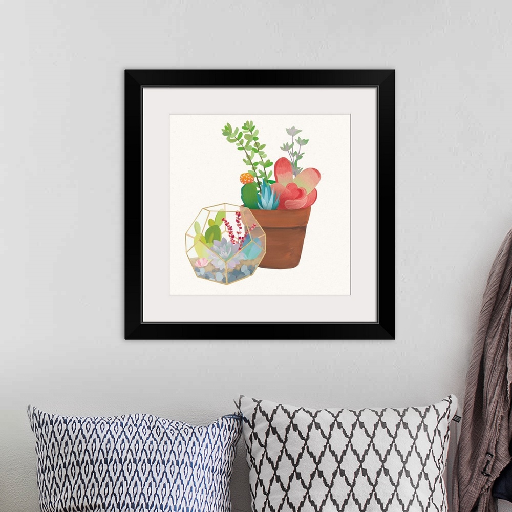 A bohemian room featuring Illustration of a potted cactus and succulents in a glass terrarium.