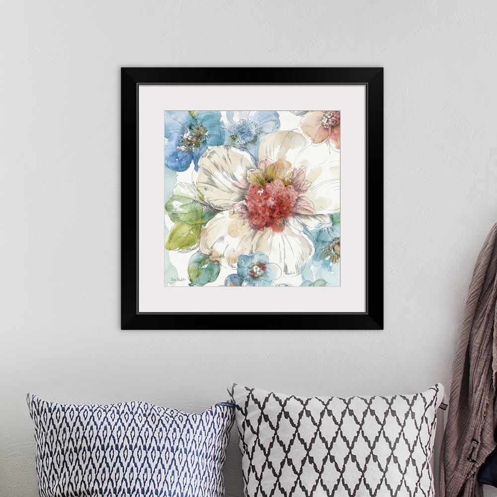 A bohemian room featuring Contemporary watercolor artwork of big beautiful flowers against a white background.