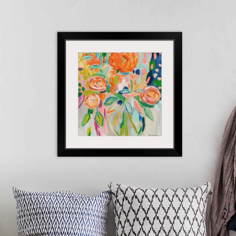 A bohemian room featuring Abstract square painting of a bouquet of flowers in bold shades of orange.