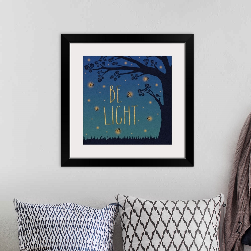 A bohemian room featuring "Be Light" in yellow letters surrounded by fireflies and a tree silhouette.