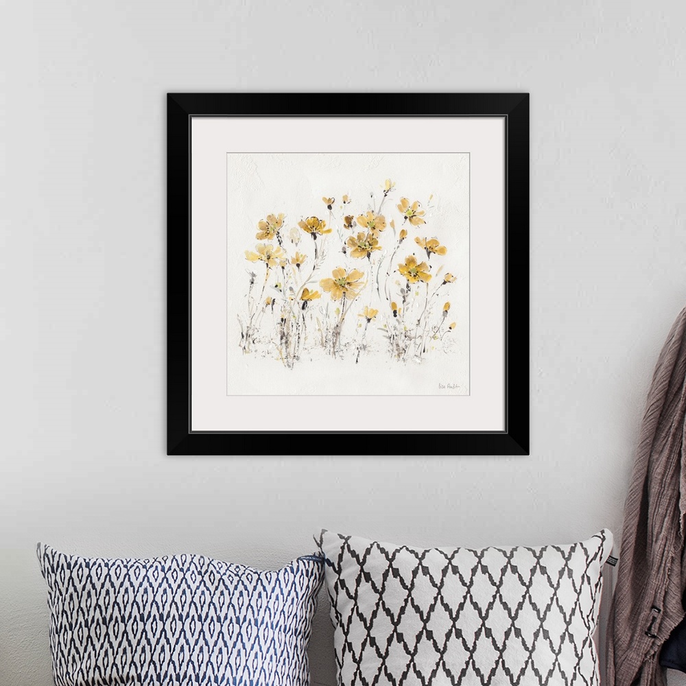 A bohemian room featuring Contemporary artwork of yellow wildflowers sprouting from a textured white background.