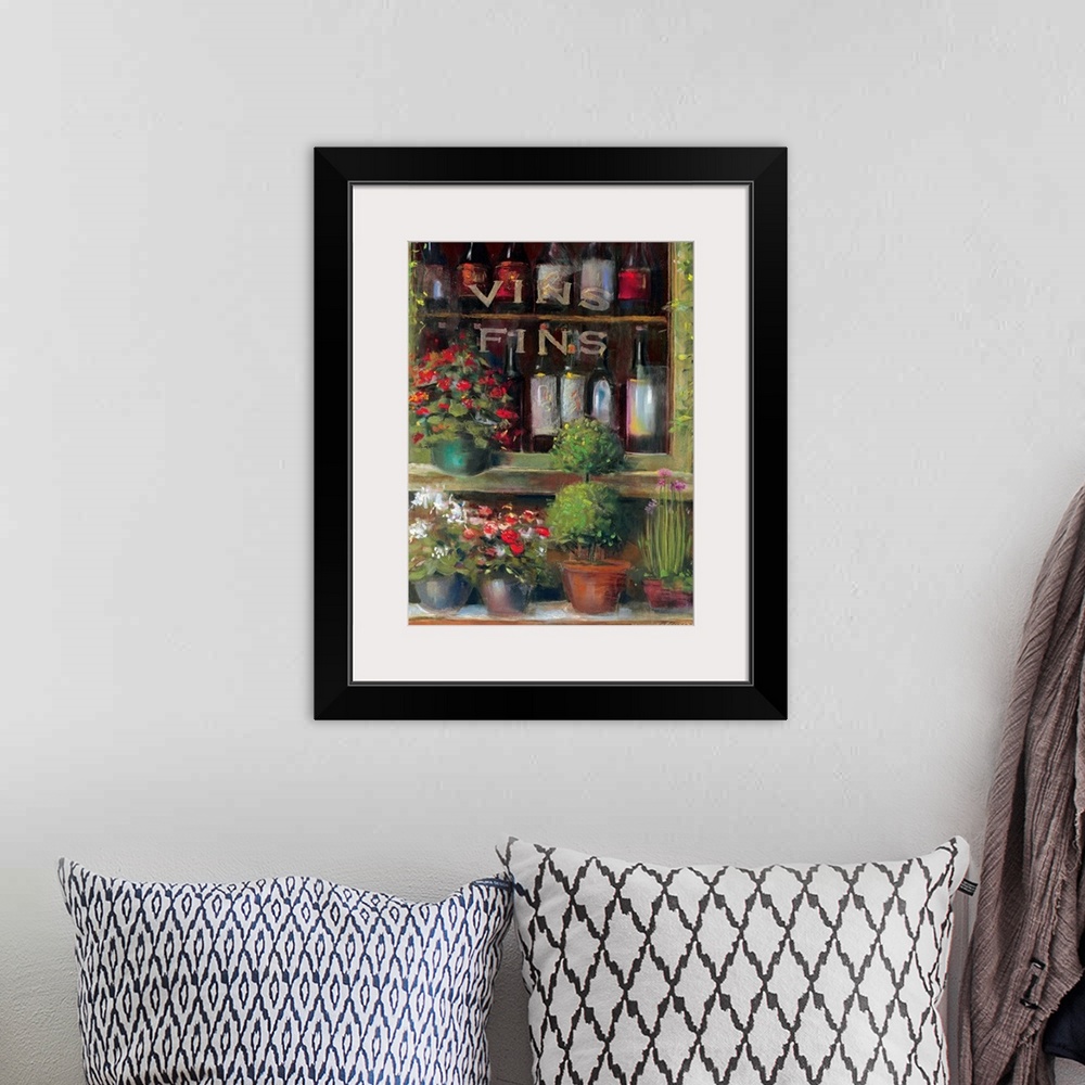 A bohemian room featuring Painting of flowers and plants outside of a window sill with bottles lining the inside view on sh...