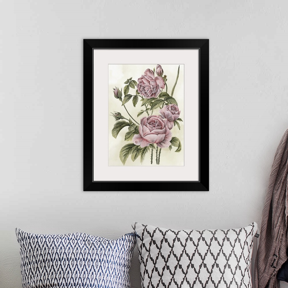 A bohemian room featuring This contemporary painting features a bouquet of romantic flowers in shades of pink with the leav...