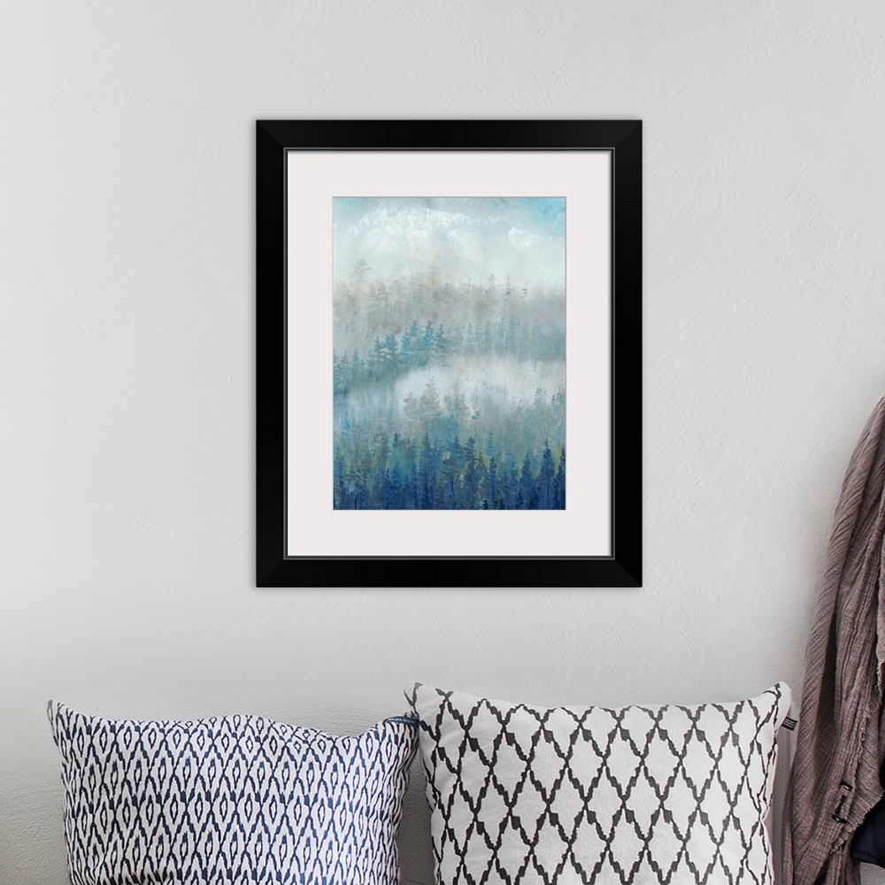A bohemian room featuring Blue and gray trees fill this contemporary landscape painting with mist and fog in the background.