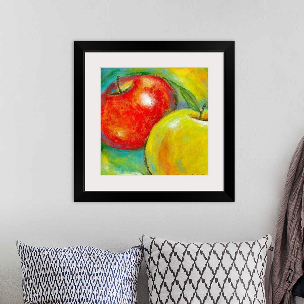 A bohemian room featuring Giant contemporary art includes a close-up of two apples placed in front of a background incorpor...
