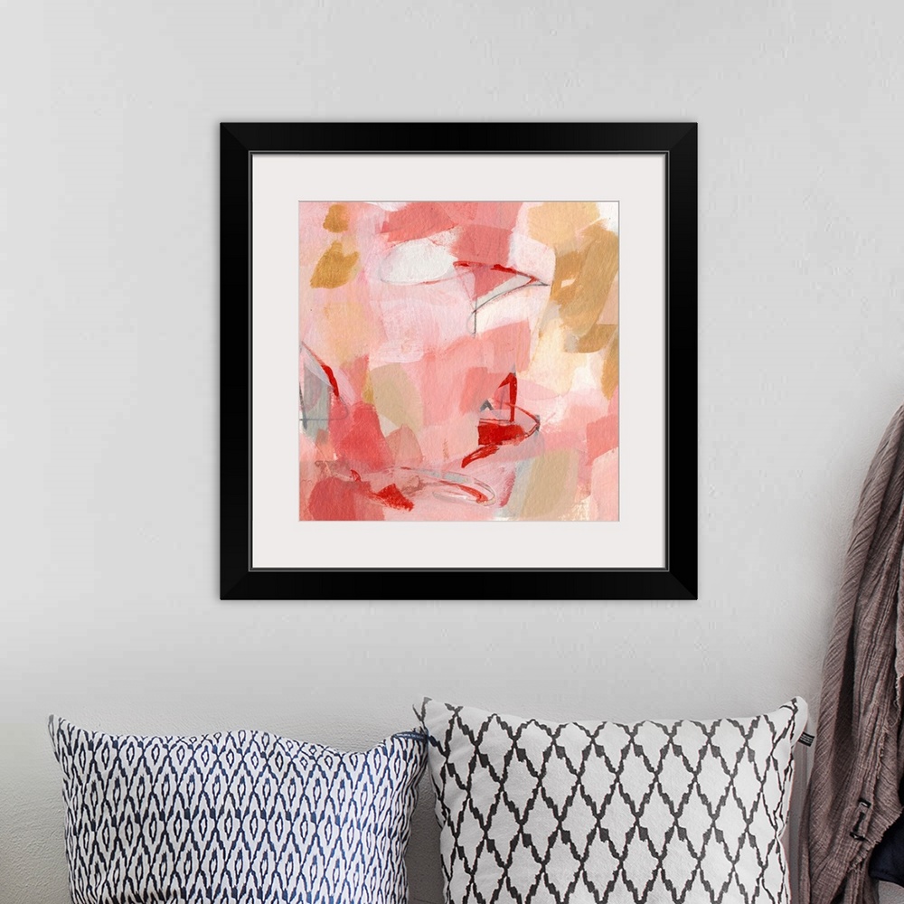 A bohemian room featuring Contemporary abstract painting using pink tones.