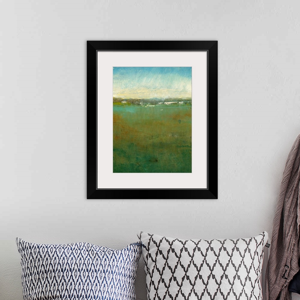 A bohemian room featuring Abstract artwork of a massive field with a cloudy sky painted above it.