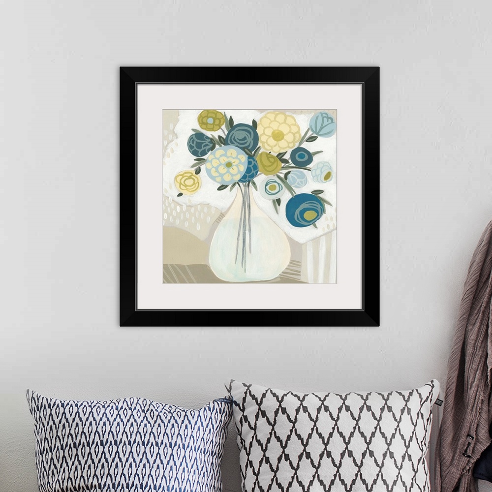A bohemian room featuring Thin brush strokes over solid circular shapes create blue and yellow flowers arranged in a clear ...