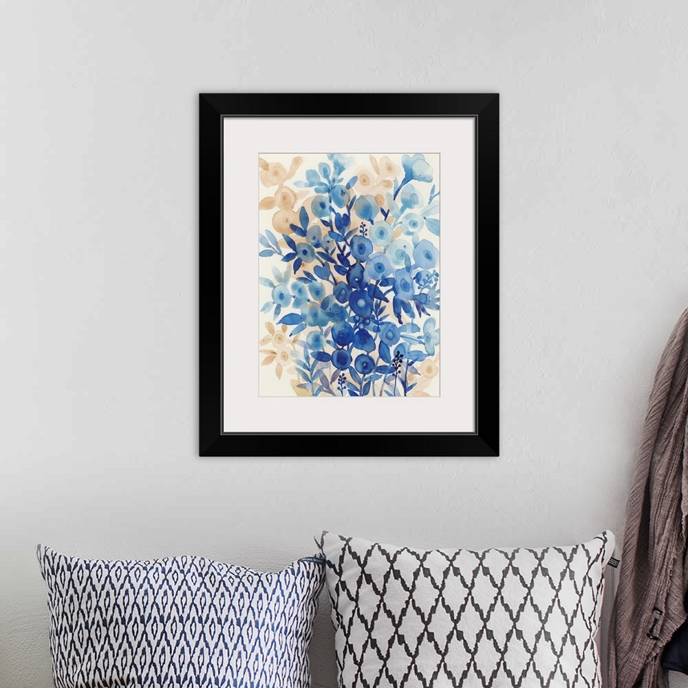 A bohemian room featuring Vertical watercolor painting of wildflowers made in shades of blue and orange.