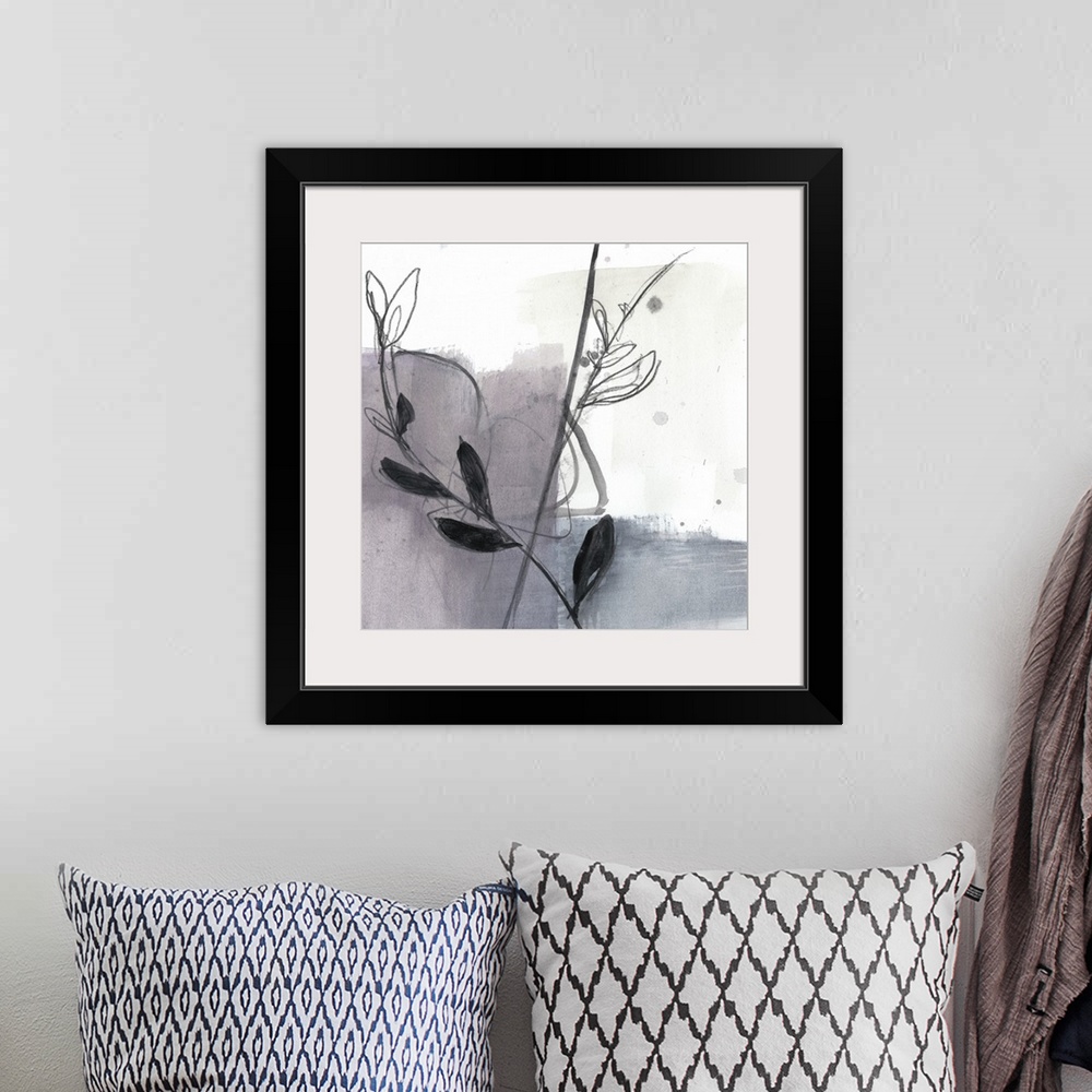 A bohemian room featuring Square watercolor abstract of flower stems along strokes of gray and beige with overlapping spatt...