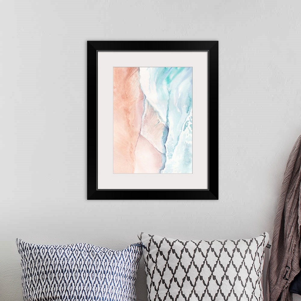 A bohemian room featuring Abstract watercolor painting in muted shades of blue, purple and orange.