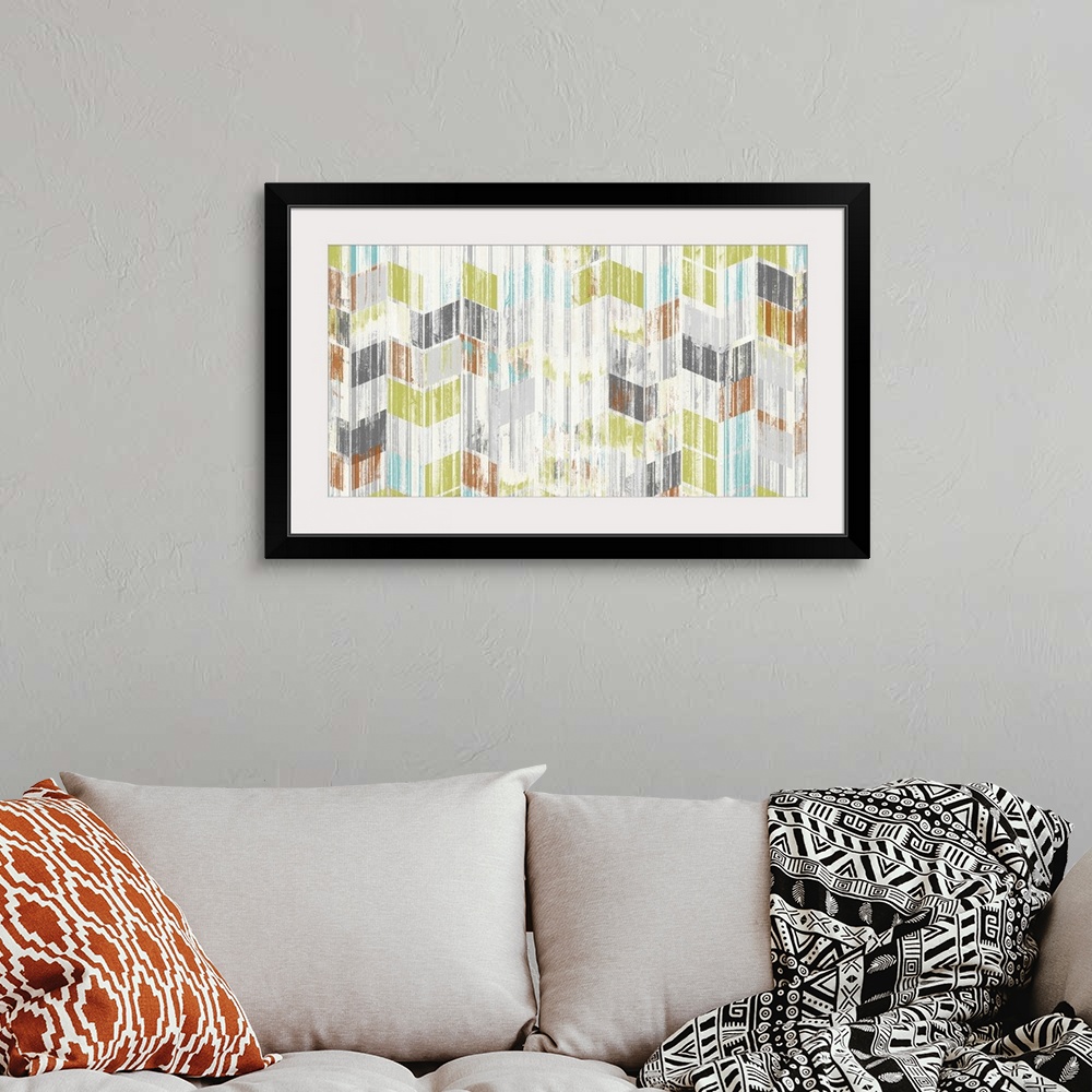 A bohemian room featuring Contemporary abstract painting using a chevron pattern in soft colors, with a washed an weathered...