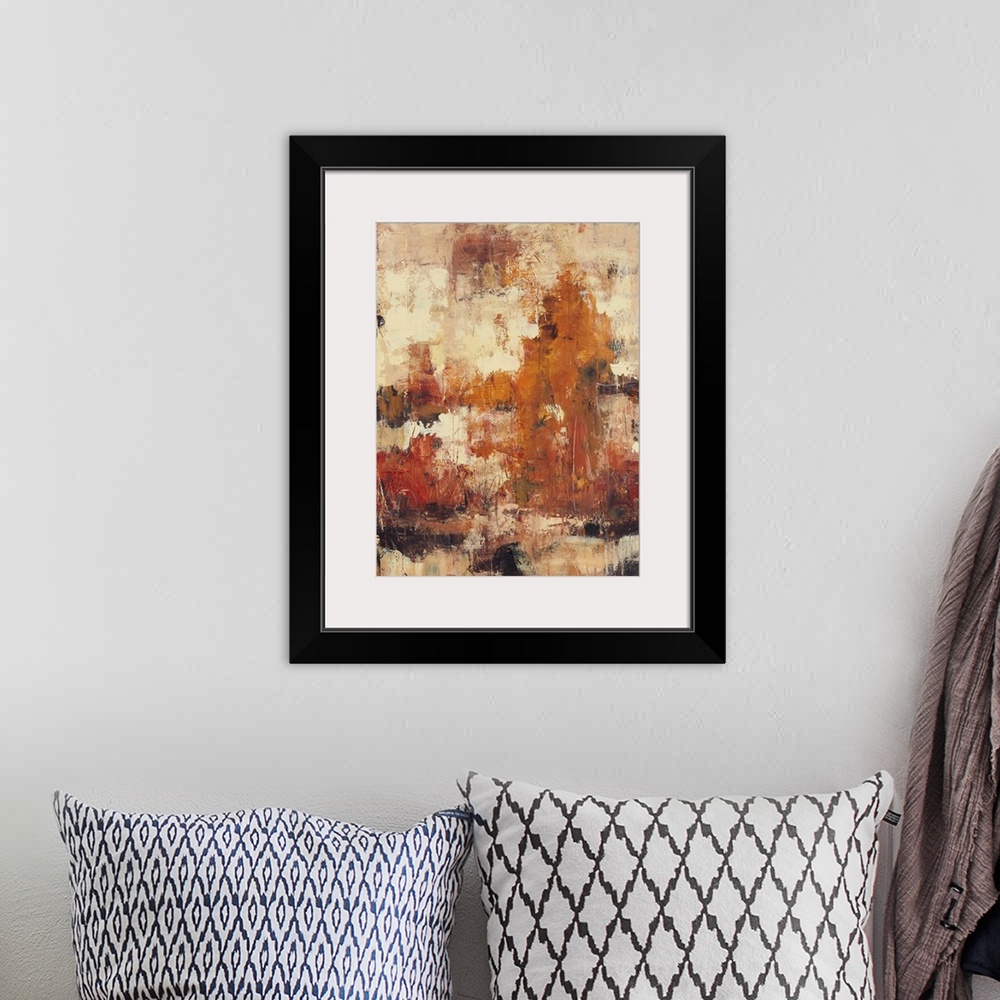 A bohemian room featuring Abstract artwork that uses autumn colors splashed onto a neutral background with a distressed look.