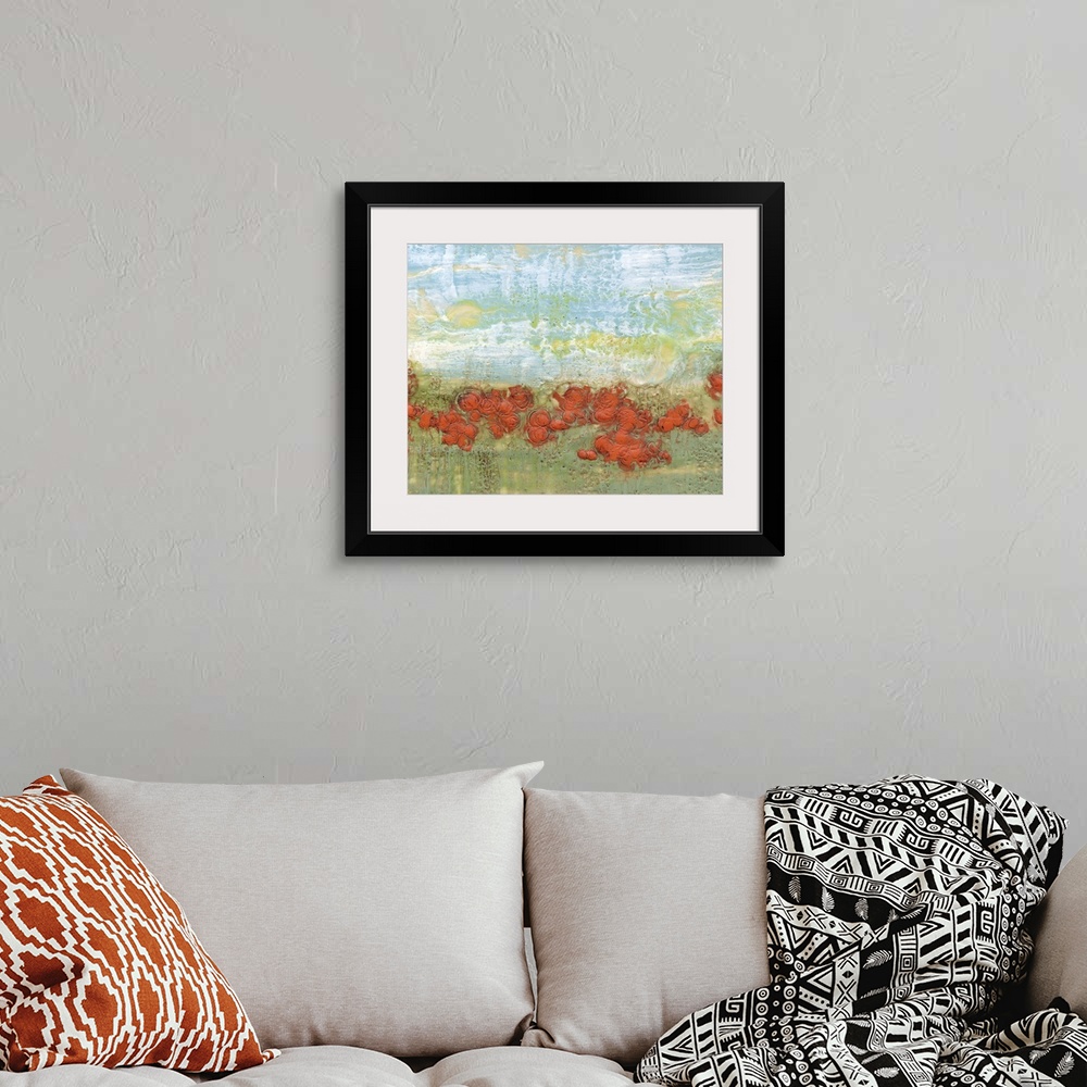 A bohemian room featuring Contemporary painting of a field of red poppies.