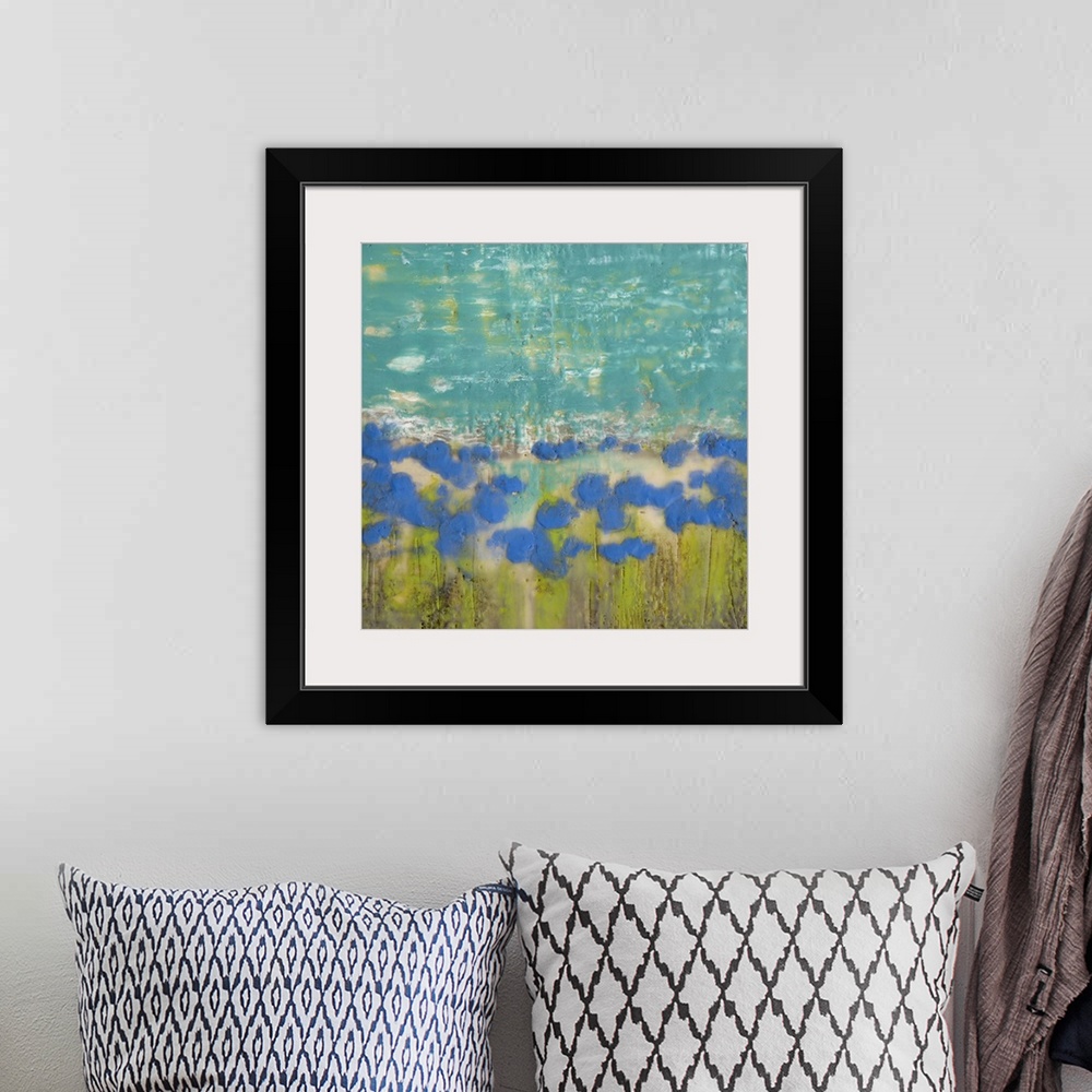 A bohemian room featuring Contemporary painting of a field of blue poppies.