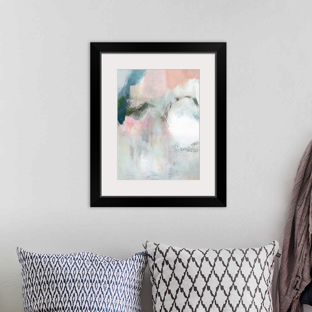 A bohemian room featuring Contemporary abstract painting in muted pinks and white with bright patches of color.